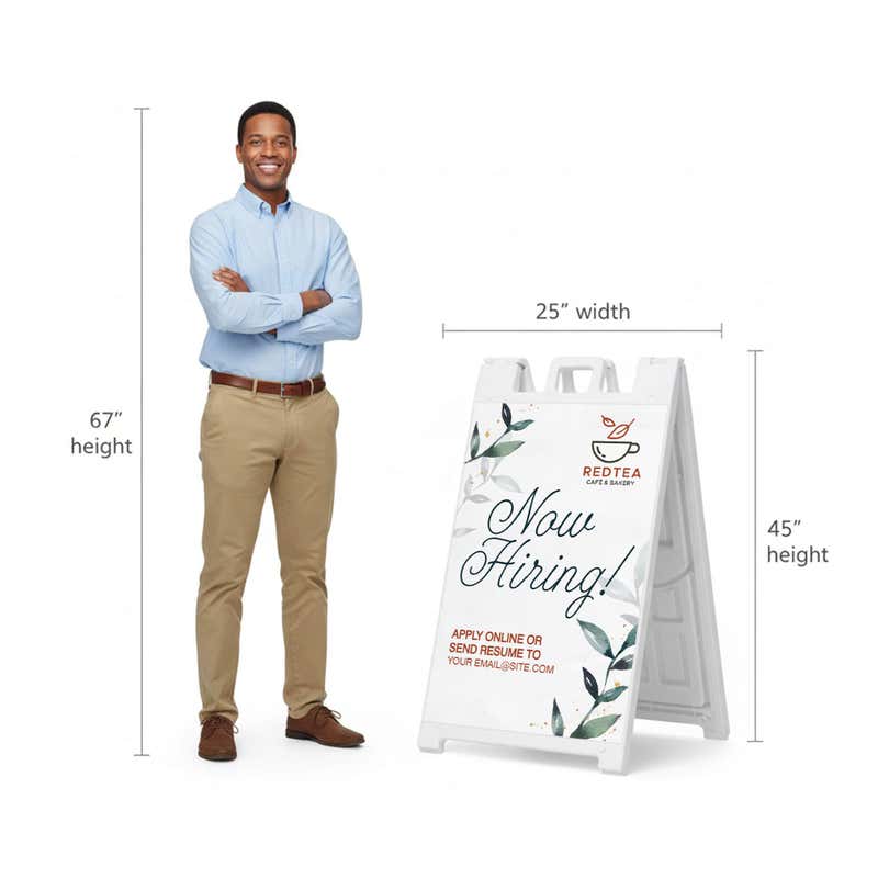 Floral now hiring A-frame sign shown with size dimensions beside a man