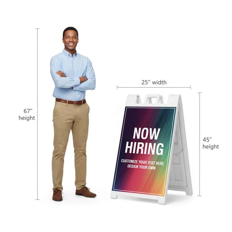 Rainbow now hiring A-frame sign shown with size dimensions beside a man