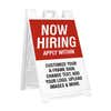 Red now hiring A-frame sidewalk sign in white plastic frame, angled view