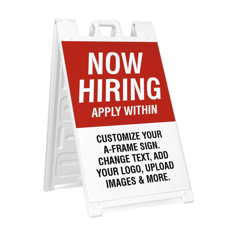 Red now hiring A-frame sidewalk sign in white plastic frame, angled view