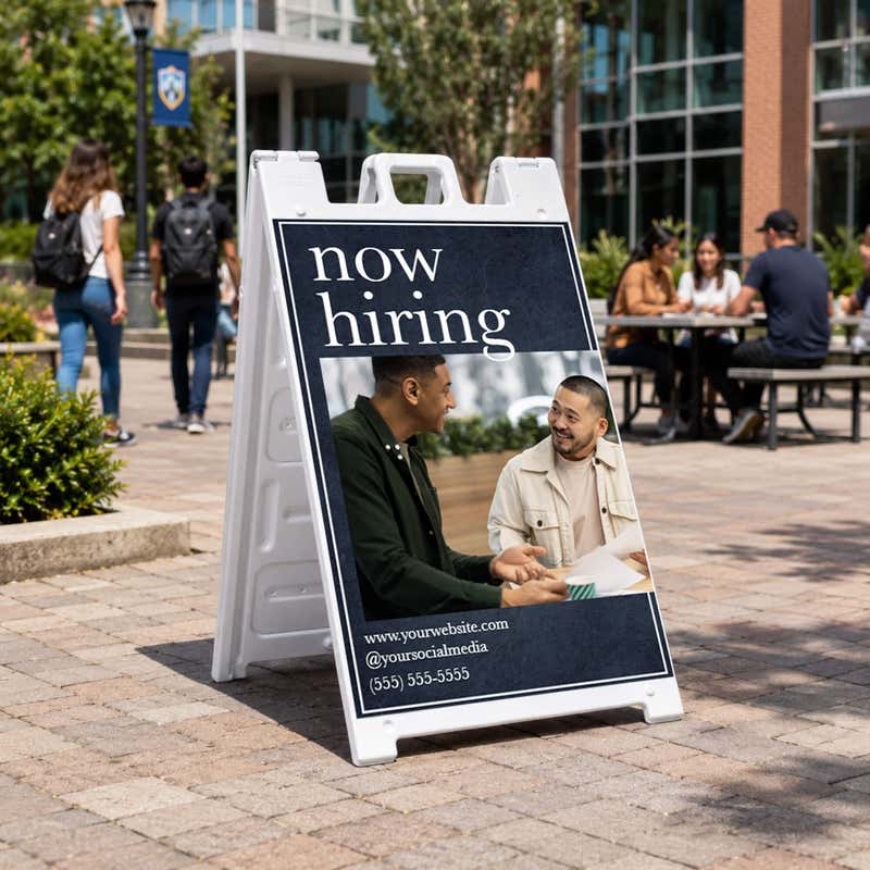 Serif now hiring A-frame sign on a college campus walkway