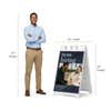 Serif now hiring A-frame sign shown with size dimensions beside a man