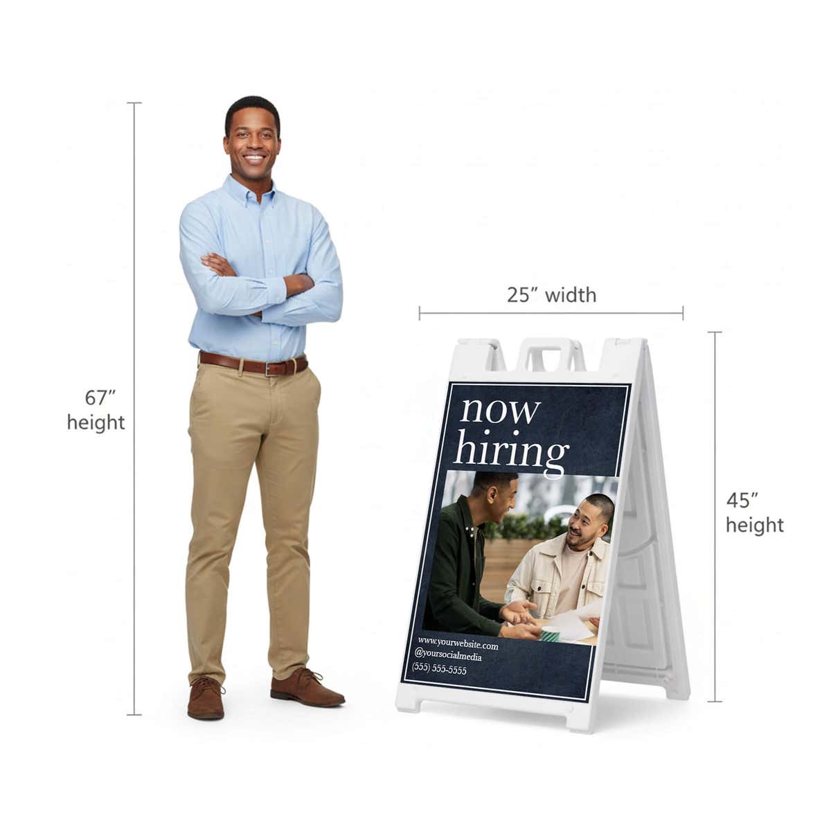 Serif now hiring A-frame sign shown with size dimensions beside a man
