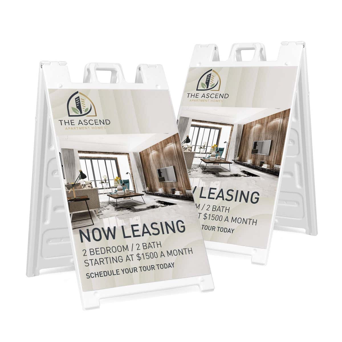 Two now leasing A-frame sidewalk signs shown front and angled