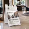 Now leasing A-frame sign at an apartment leasing office