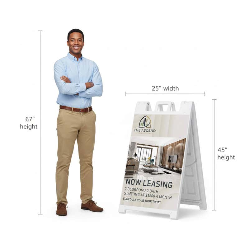 Now leasing A-frame sign shown with size dimensions beside a man