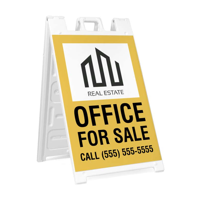 Office for sale A-frame sidewalk sign in white plastic frame, angled view
