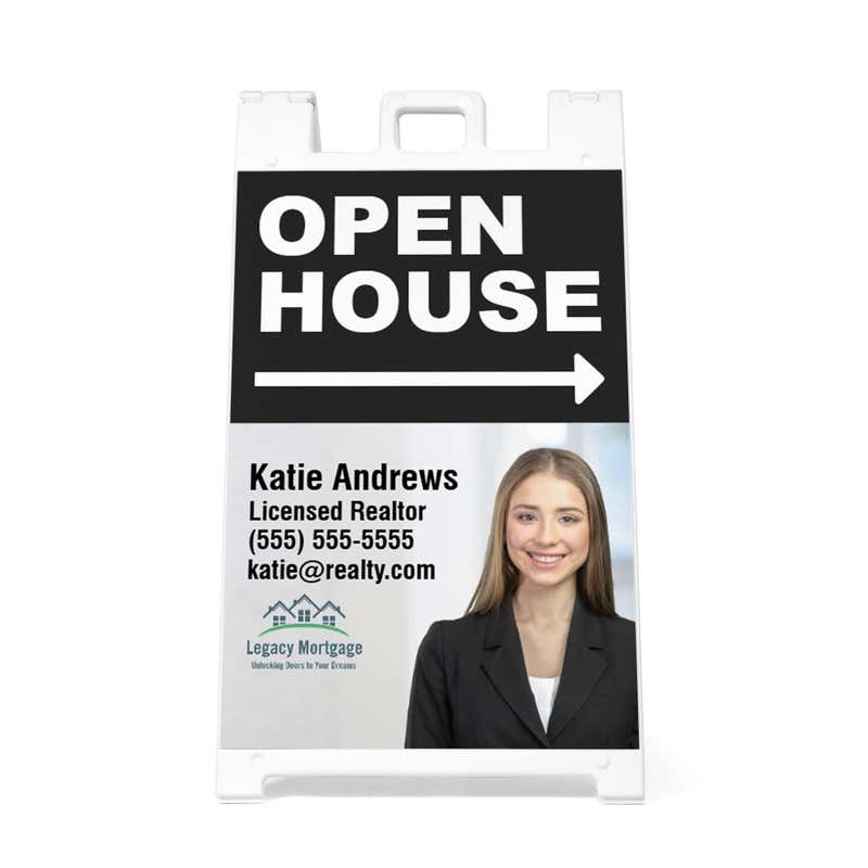 Front view of the black open house A-frame sidewalk sign