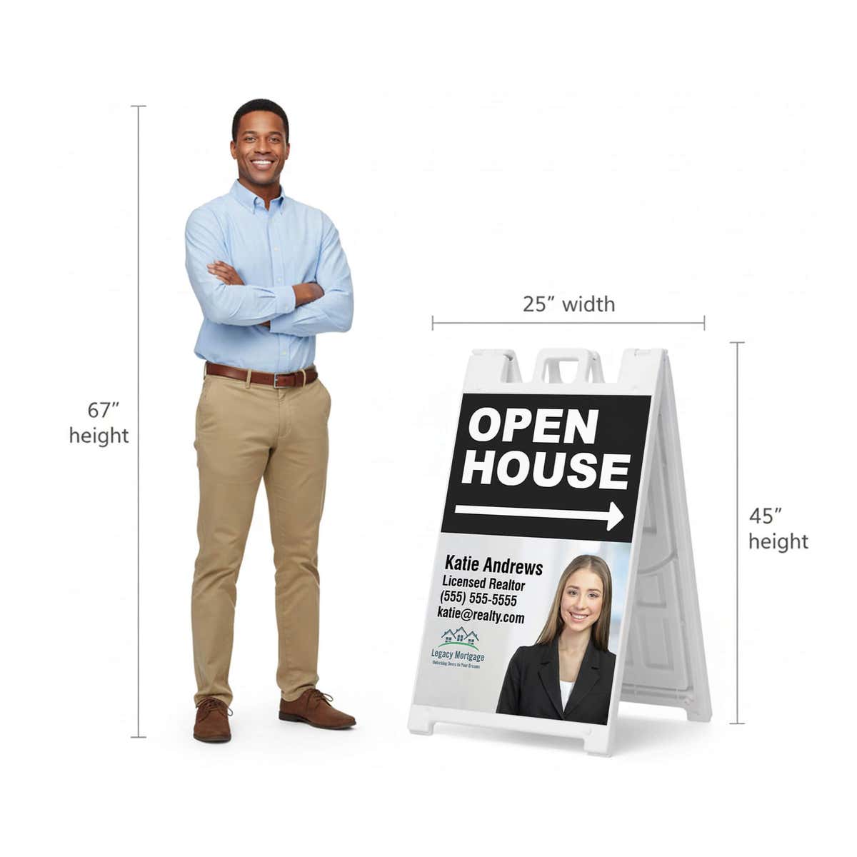 Black open house A-frame sign shown with size dimensions beside a man