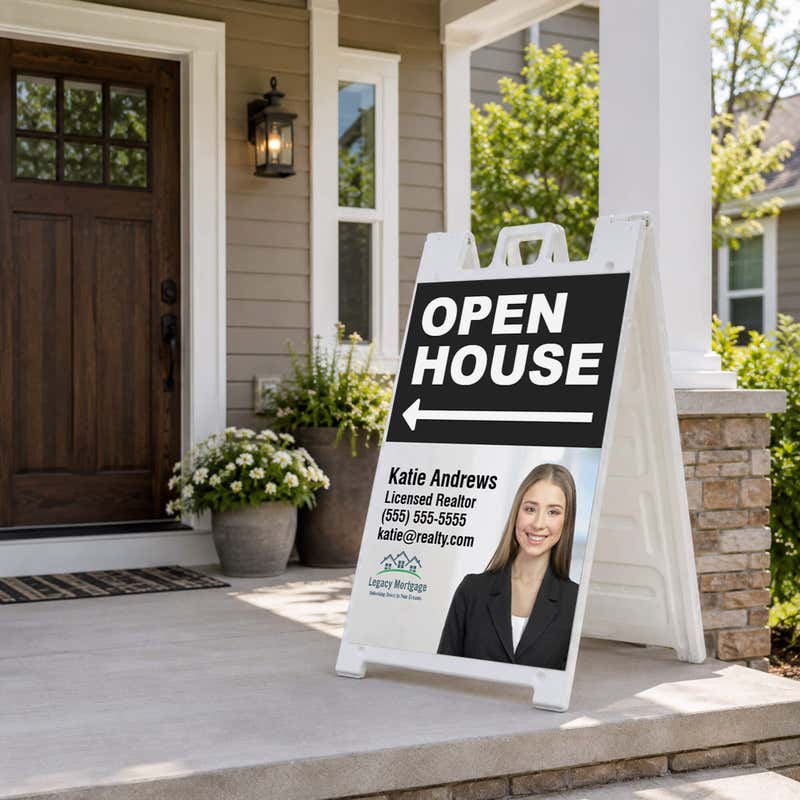 Black open house real estate A-frame sign on a home front porch