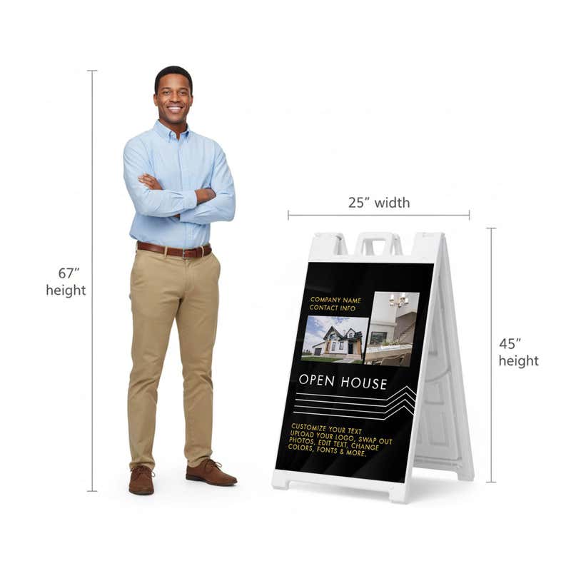 Modern open house A-frame sign shown with size dimensions beside a man