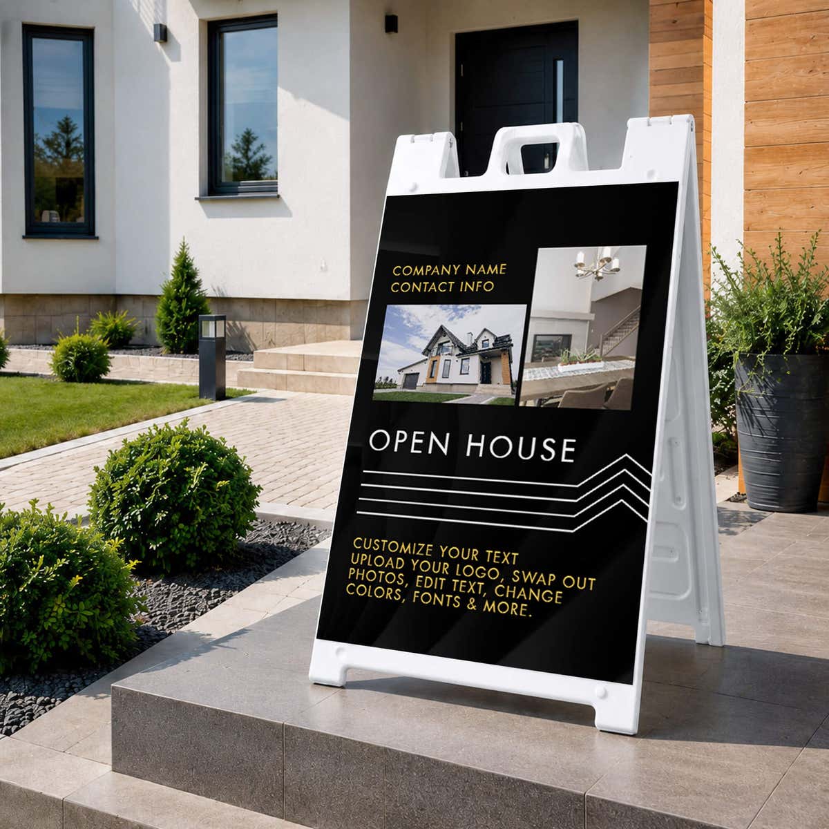 Modern open house real estate A-frame sign on a home front porch