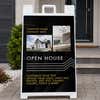 Modern open house real estate A-frame sign on a home front porch