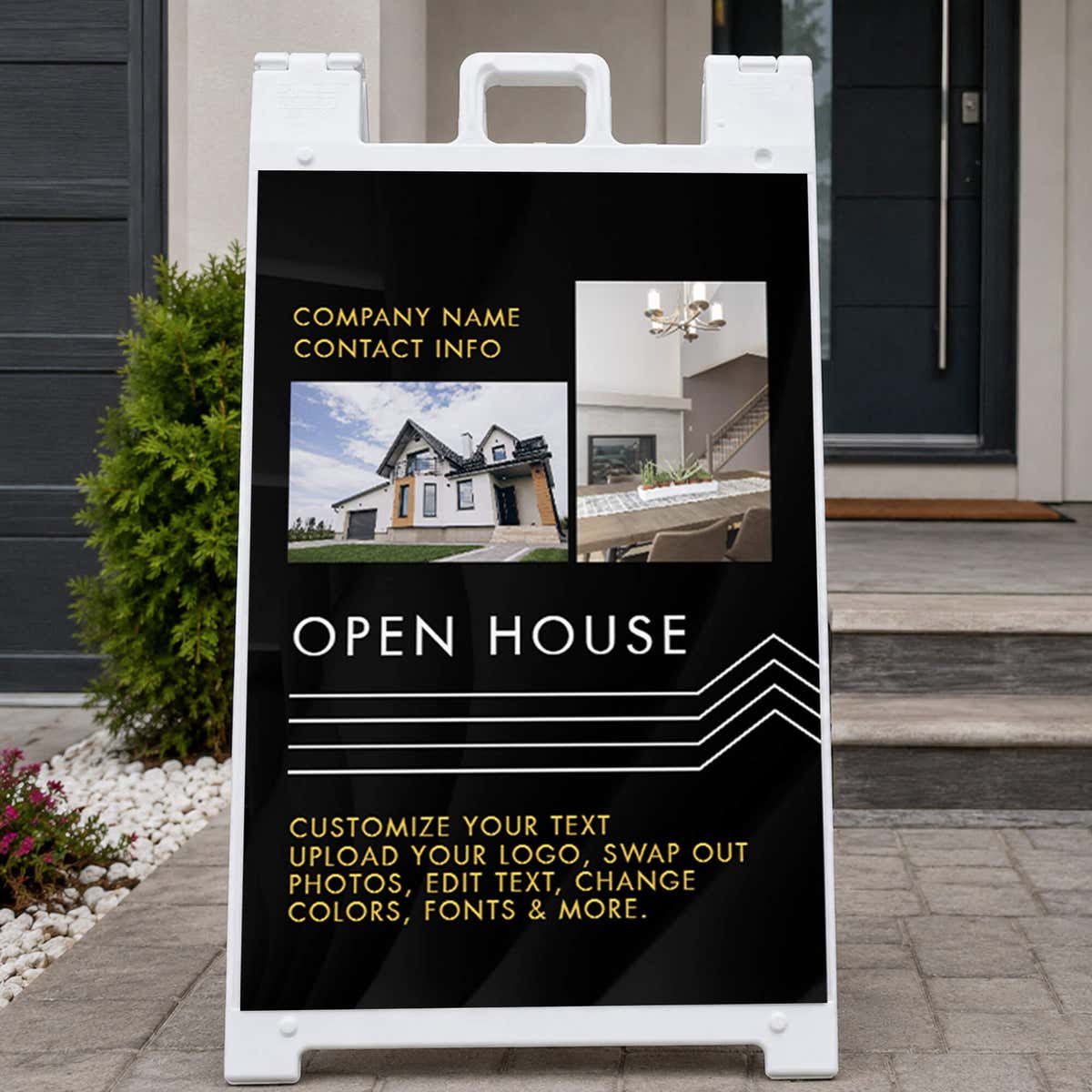 Modern open house real estate A-frame sign on a home front porch