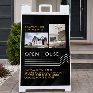 Modern open house real estate A-frame sign on a home front porch