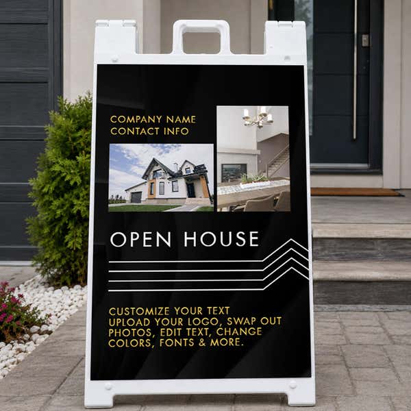 Modern open house real estate A-frame sign on a home front porch