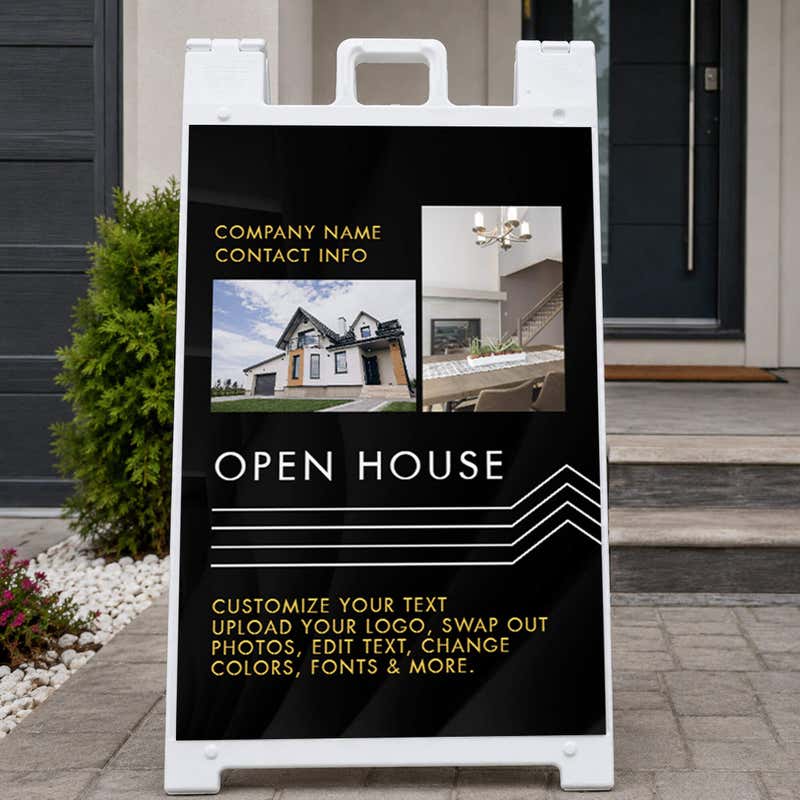 Modern open house real estate A-frame sign on a home front porch