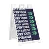 Patterned open house A-frame sidewalk sign in white plastic frame, angled view