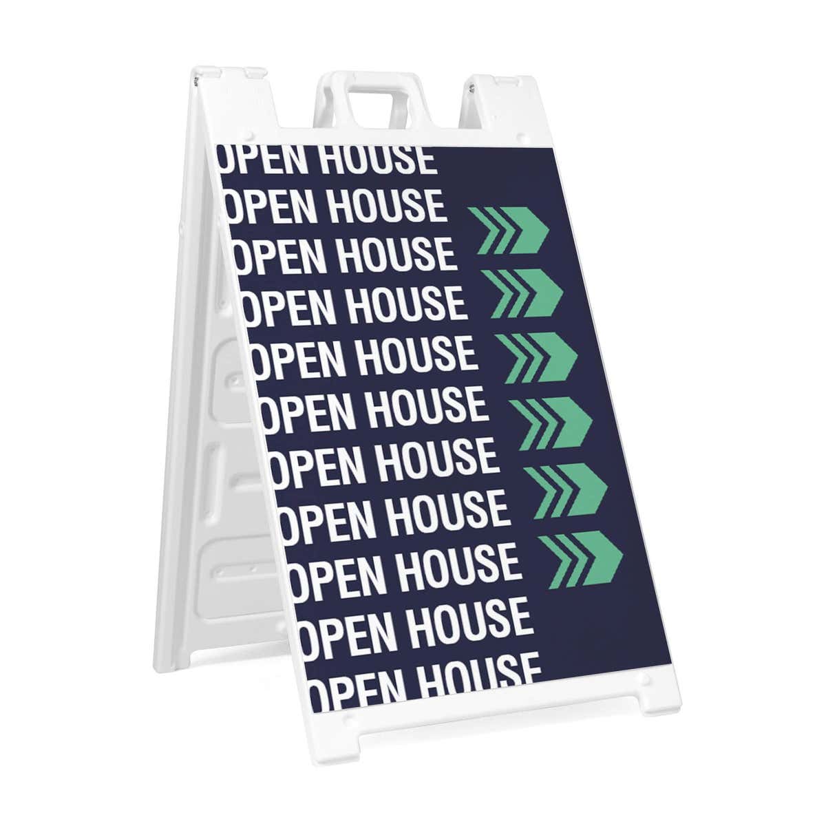Patterned open house A-frame sidewalk sign in white plastic frame, angled view