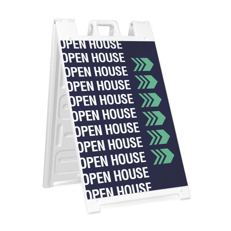 Patterned open house A-frame sidewalk sign in white plastic frame, angled view