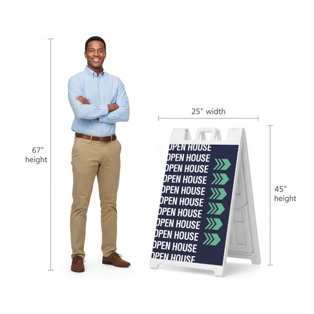 Patterned open house A-frame sign shown with size dimensions beside a man