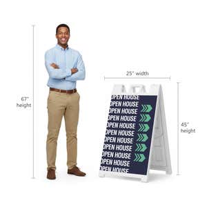 Patterned open house A-frame sign shown with size dimensions beside a man