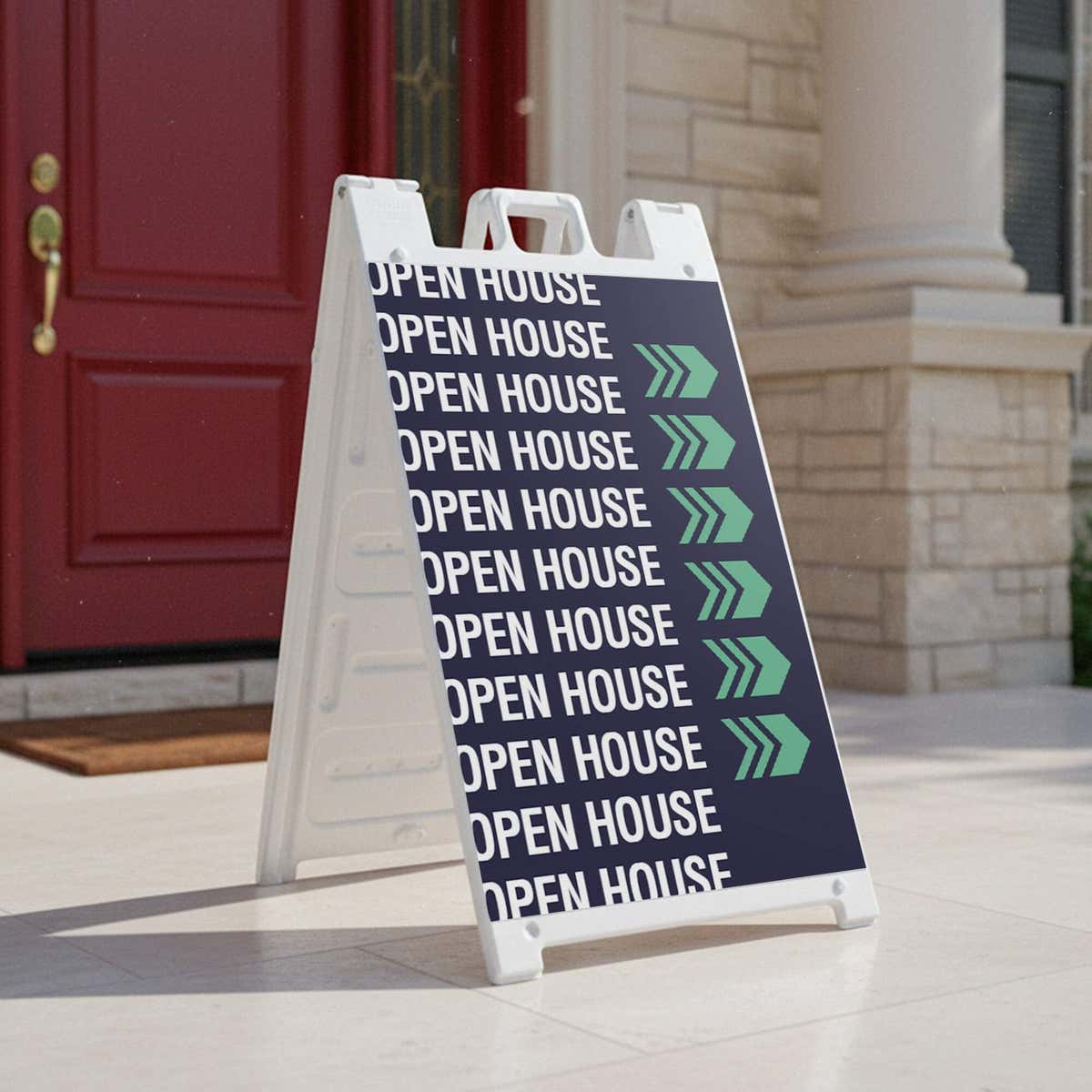 Patterned open house real estate A-frame sign on a home front porch