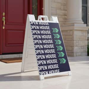 Patterned open house real estate A-frame sign on a home front porch