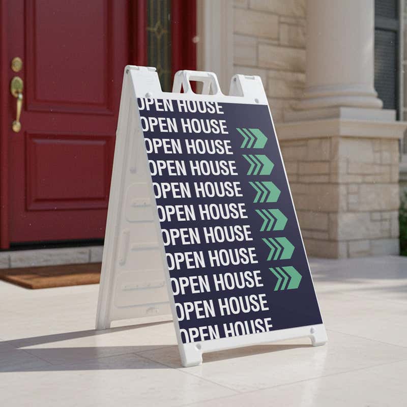 Patterned open house real estate A-frame sign on a home front porch