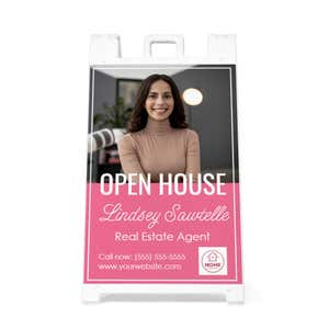 Front view of the pink open house A-frame sidewalk sign