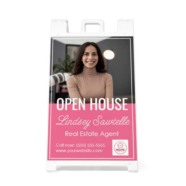 Front view of the pink open house A-frame sidewalk sign