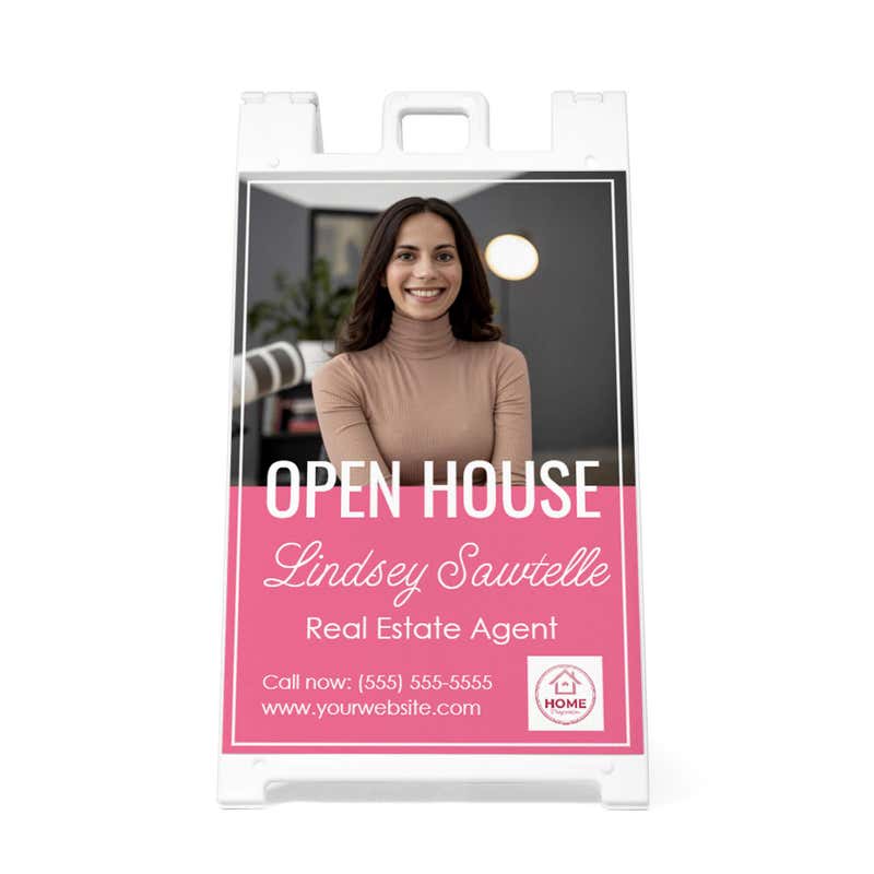 Front view of the pink open house A-frame sidewalk sign