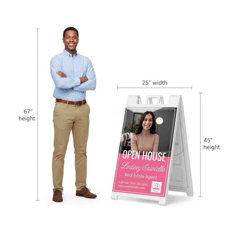 Pink open house A-frame sign shown with size dimensions beside a man