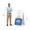 Wave open house A-frame sign shown with size dimensions beside a man