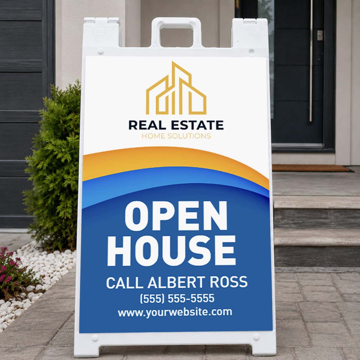 Wave open house real estate A-frame sign on a home front porch