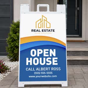 Wave open house real estate A-frame sign on a home front porch