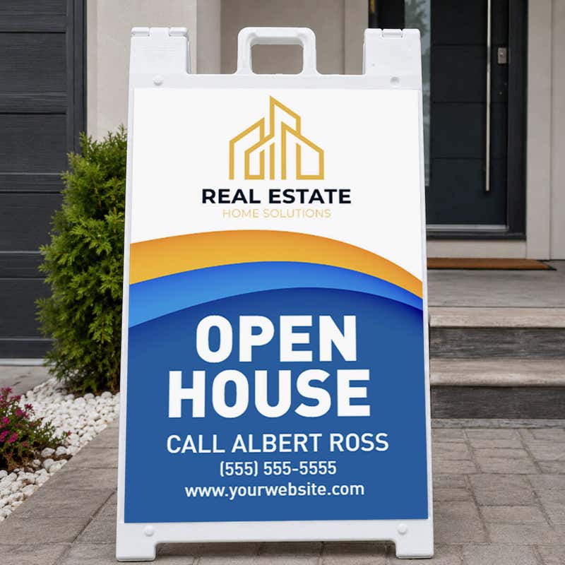 Wave open house real estate A-frame sign on a home front porch