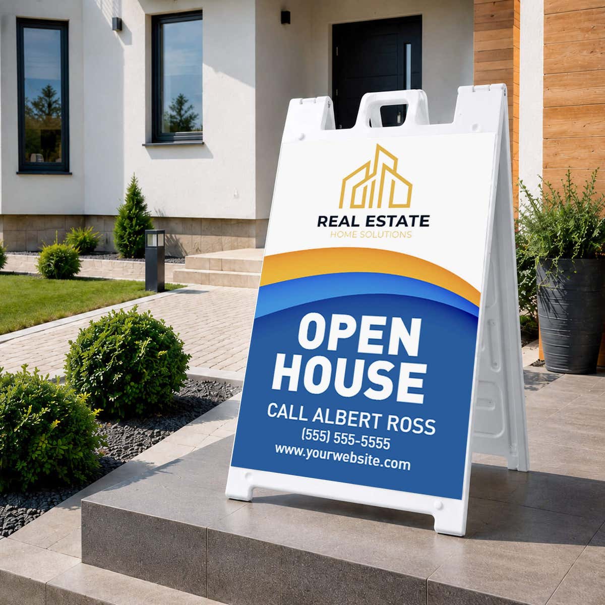 Wave open house real estate A-frame sign on a home front porch