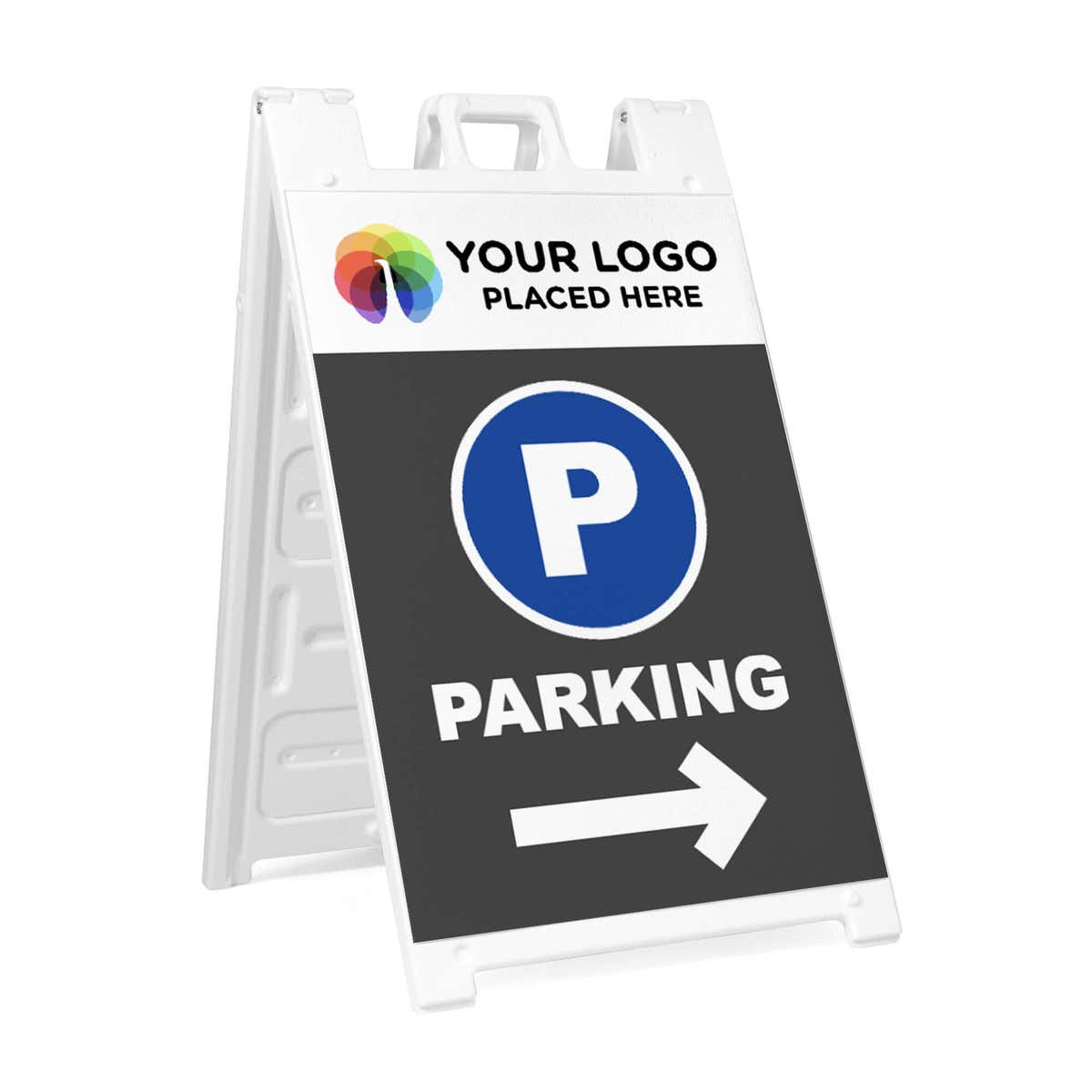 Logo parking A-frame sidewalk sign in white plastic frame, angled view
