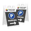 Two logo parking A-frame sidewalk signs shown front and angled