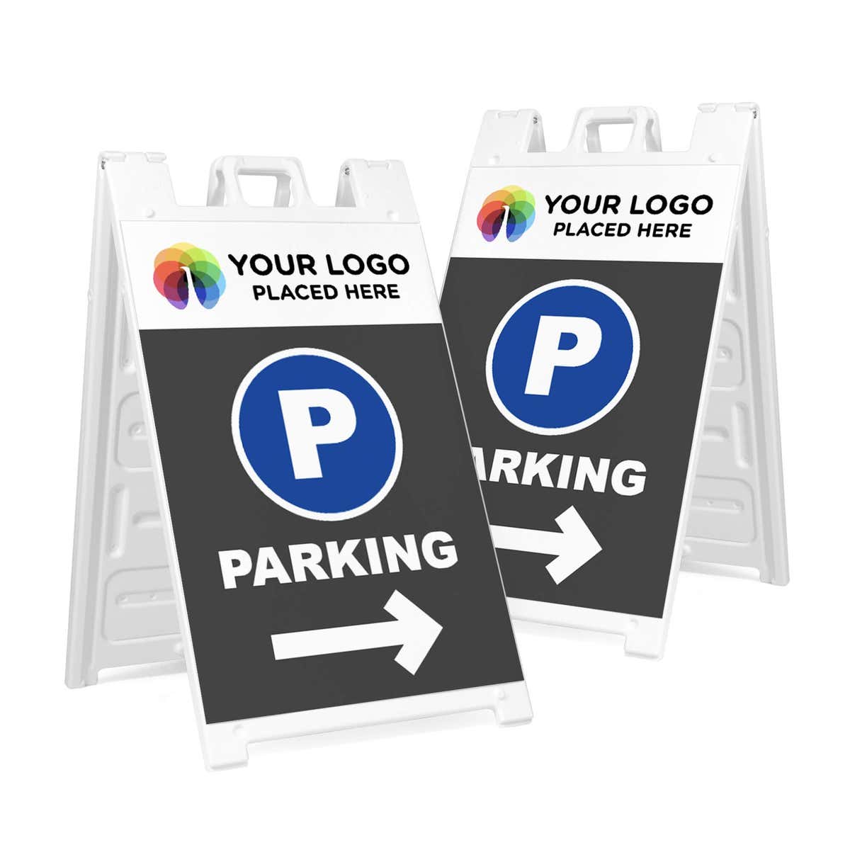 Two logo parking A-frame sidewalk signs shown front and angled