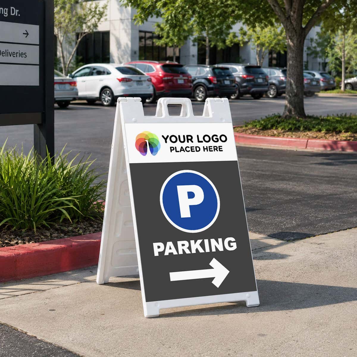 Logo parking A-frame sign displayed in a parking lot