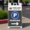 Logo parking A-frame sign displayed in a parking lot