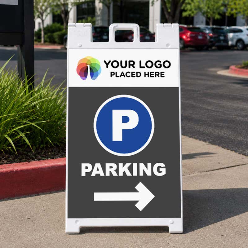 Logo parking A-frame sign displayed in a parking lot