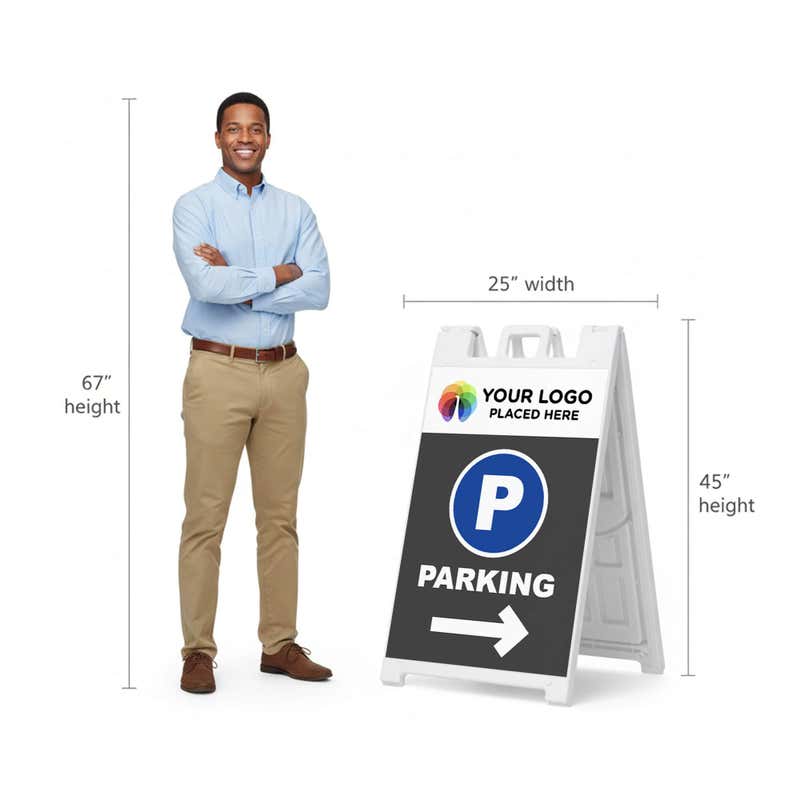 Logo parking A-frame sign shown with size dimensions beside a man