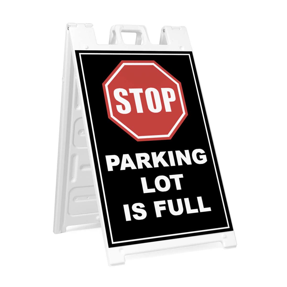 Parking lot full A-frame sidewalk sign in white plastic frame, angled view