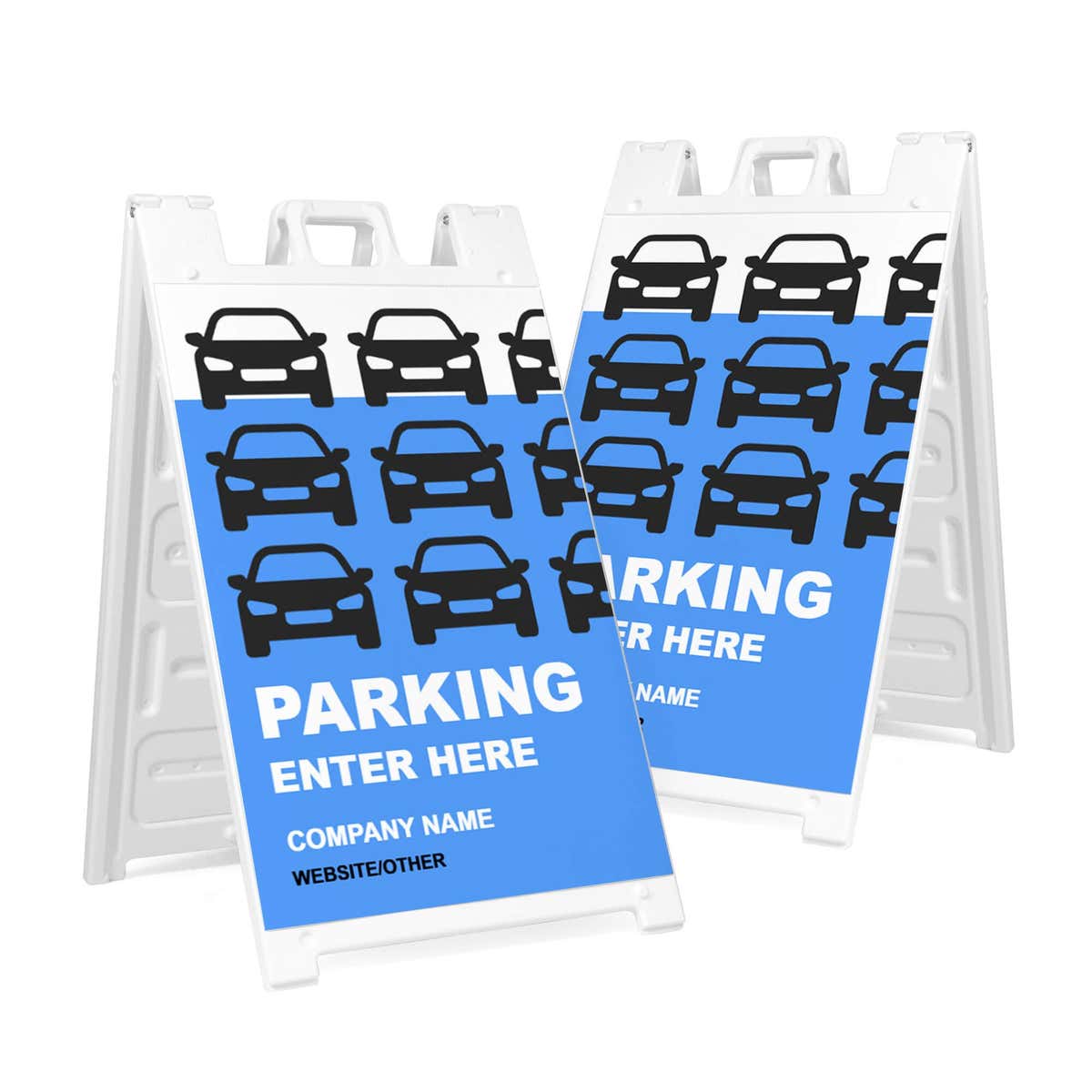 Two Parking Enter Here A-frame sandwich board signs with car graphic and custom text