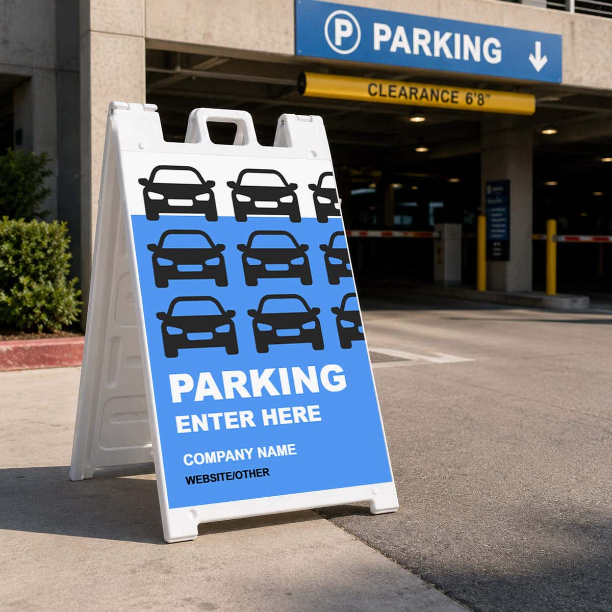 Parking Enter Here A-frame sign directing drivers at a street-facing entrance