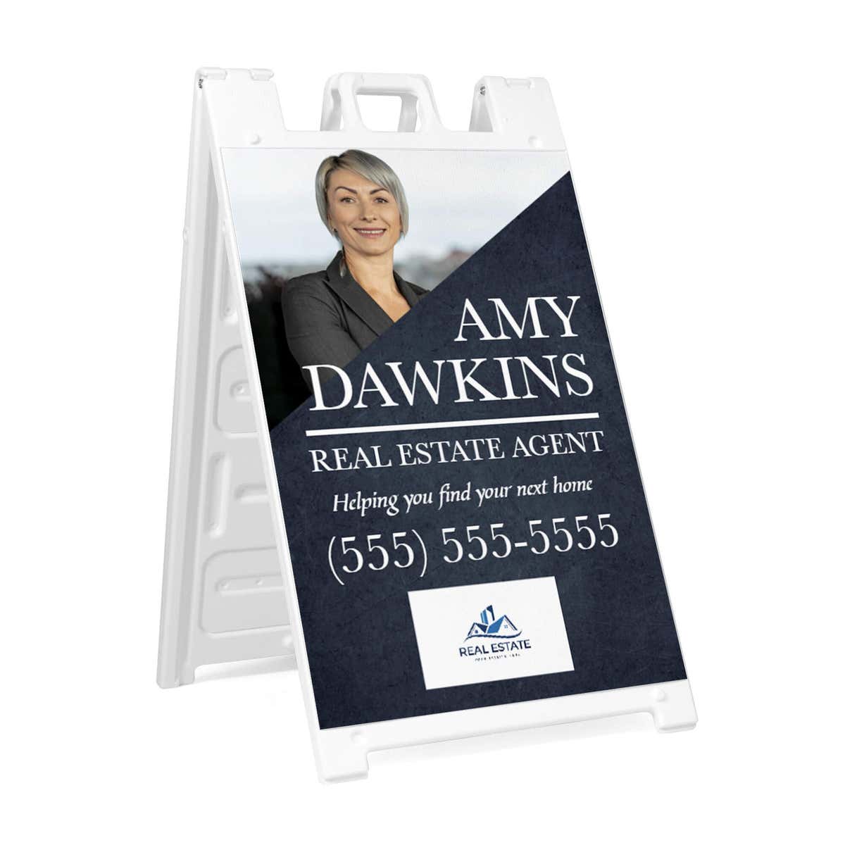 Diagonal real estate A-frame sidewalk sign in white plastic frame, angled view