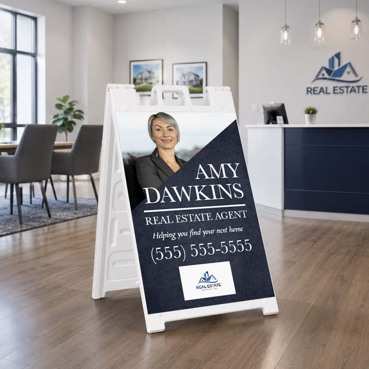 Diagonal real estate A-frame sign in a real estate office